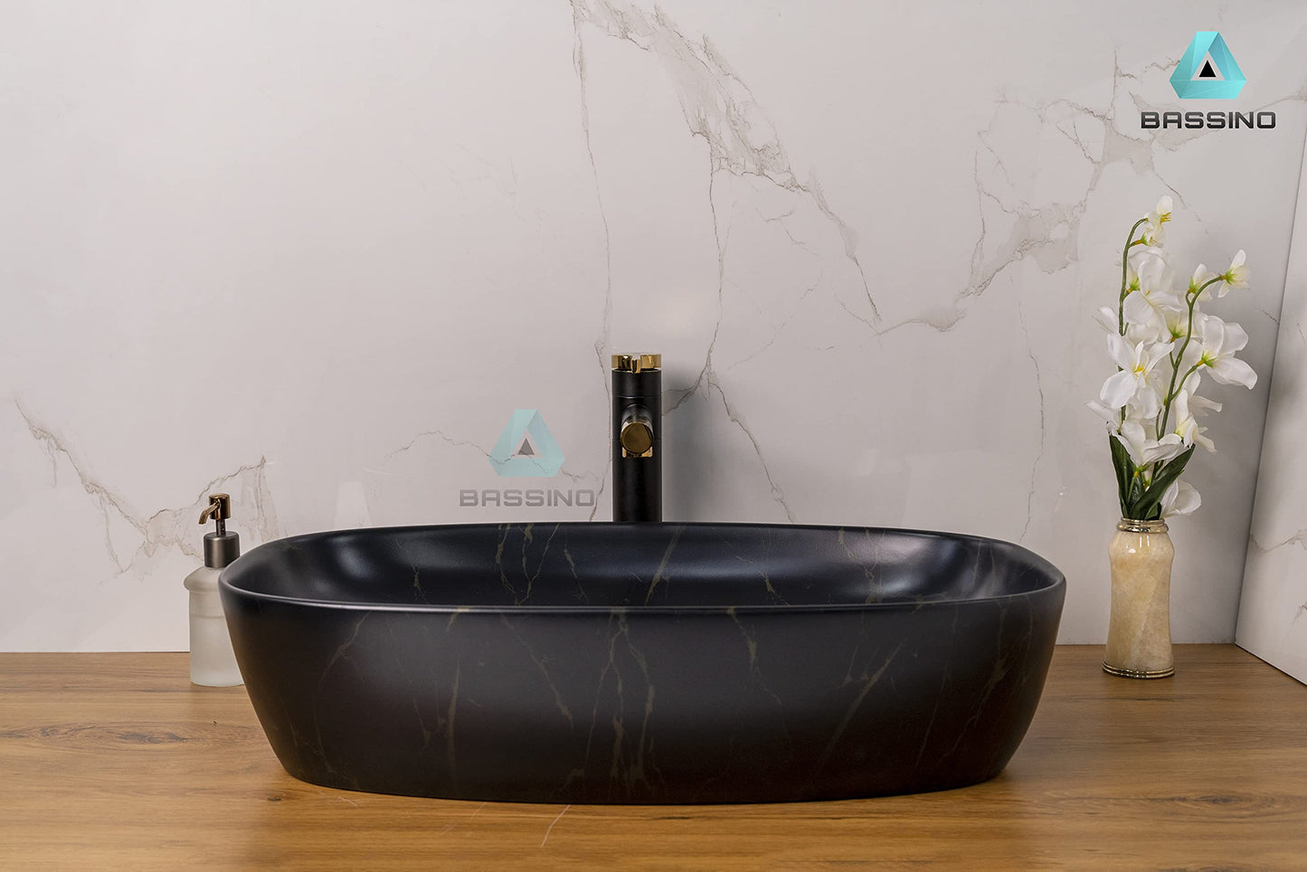 BASSINO Art Wash Basin Countertop, Tabletop Ceramic Bathroom Sink/Basin (600x380x140mm) (Black Marble)