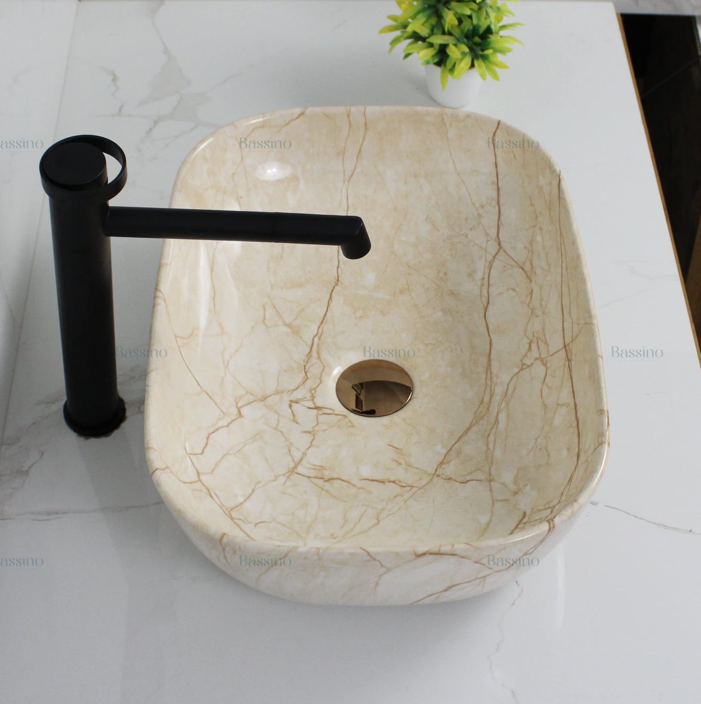 BASSINO Design Wash Basin Ceramic Tabletop Marble Bathroom Sink/Countertop Vessel Sink for Bathroom & Living Room - 455 x 325 x 135 mm (Ivory Marble)