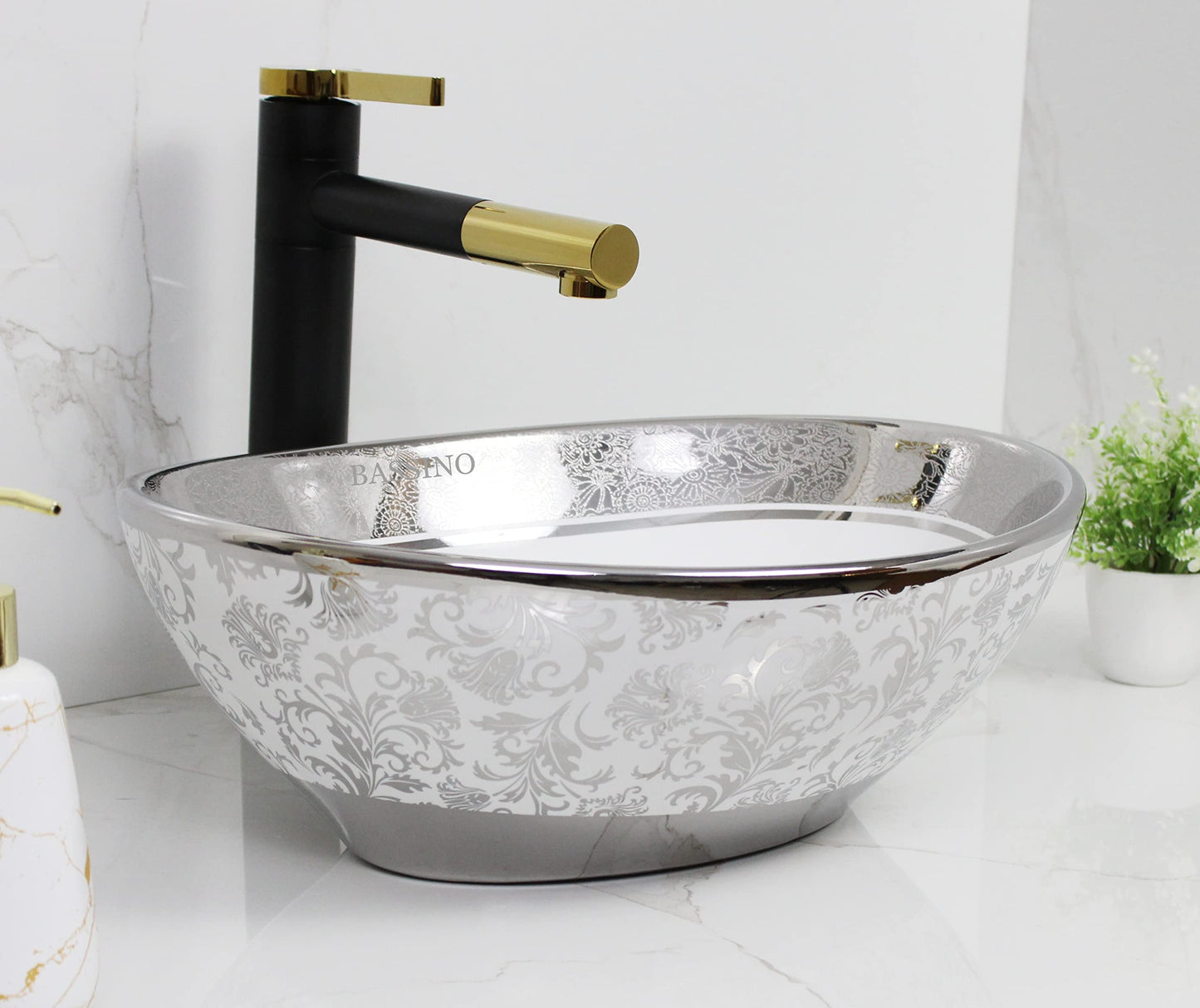 BASSINO Art Ceramic Wash Basin Countertop/Tabletop Bathroom Sink/Vessel Sink for Bathroom - Silver Marble (410 x 340 x 145 mm)