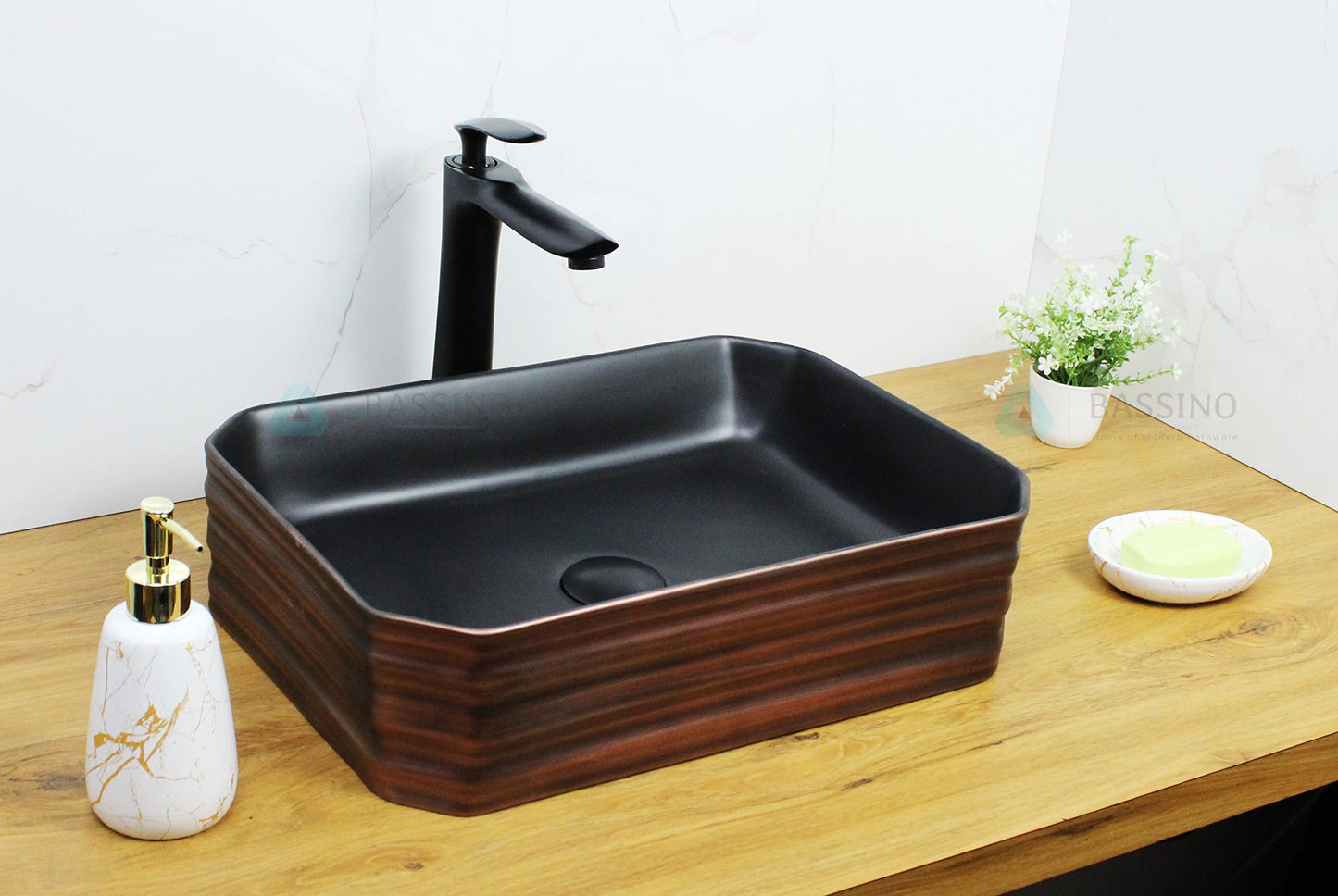 BASSINO Art Wash Basin Countertop, Tabletop Ceramic Bathroom Sink (Black & Brown, 455x385x170mm, BTT-1318)