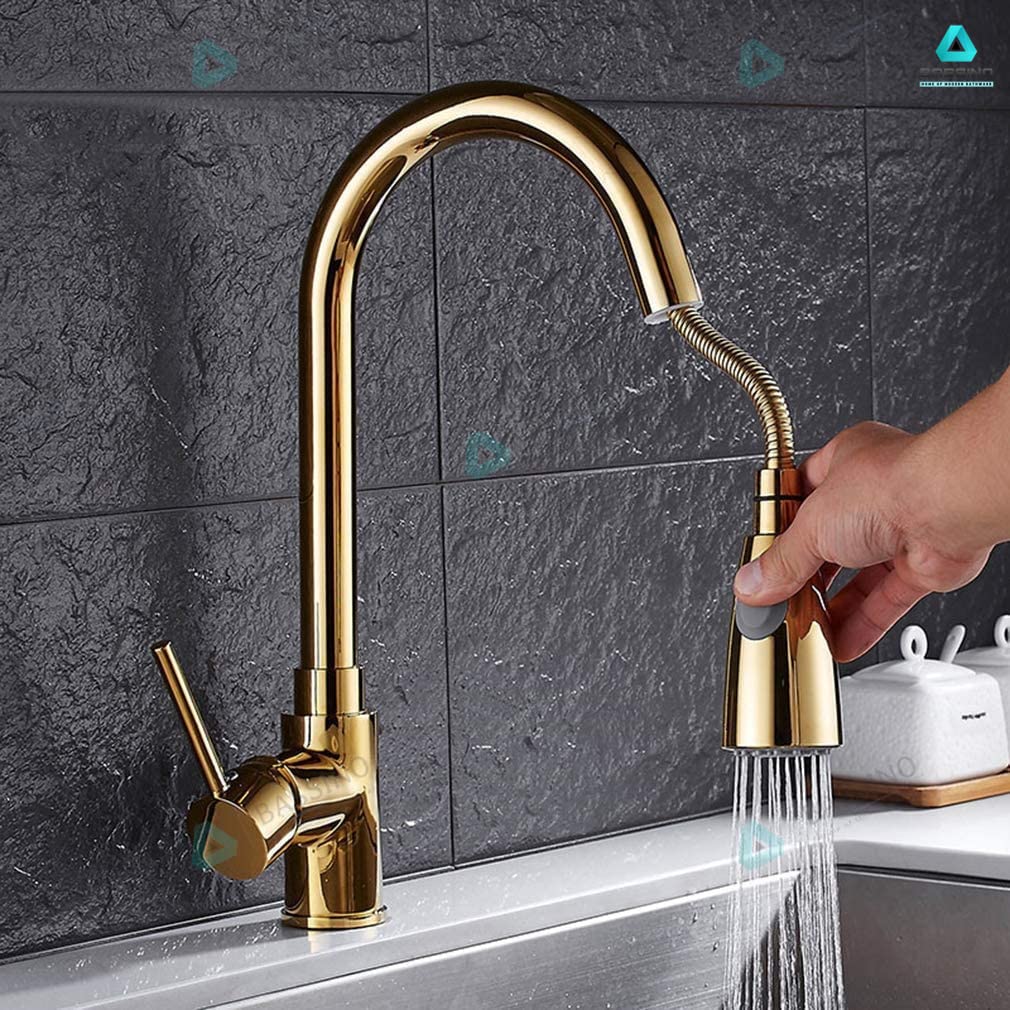 BASSINO Gold Kitchen Faucet with Pull Down Sprayer,Pro-Style Spring Sprayer SS 304 Pull-Down Kitchen Sink Faucet Tap (BTT-2066) (Gold Finish) (BTT-2066)