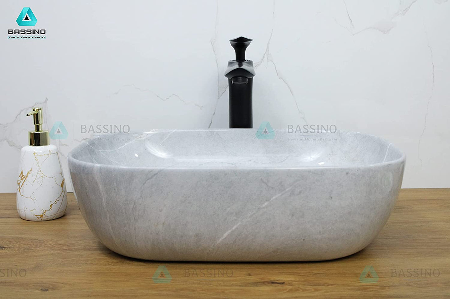 BASSINO Art Wash Basin Countertop, Tabletop Ceramic Bathroom Sink/Basin (455x325x145mm) (Marble2)