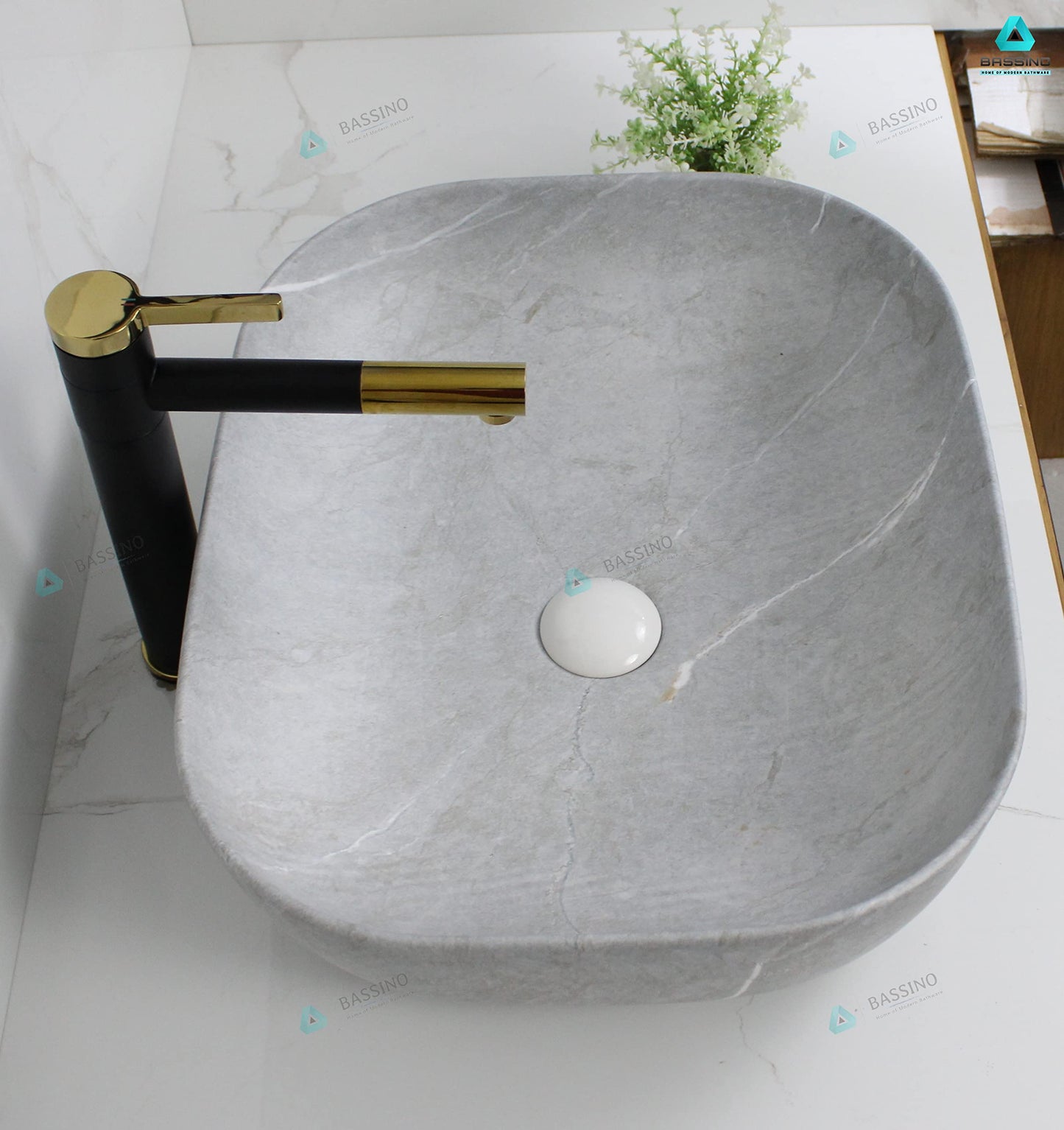 BASSINO Design Wash Basin Ceramic Tabletop Marble Bathroom Sink/Countertop Vessel Sink for Bathroom & Living Room - 500 x 395 x 145 mm (Grey)