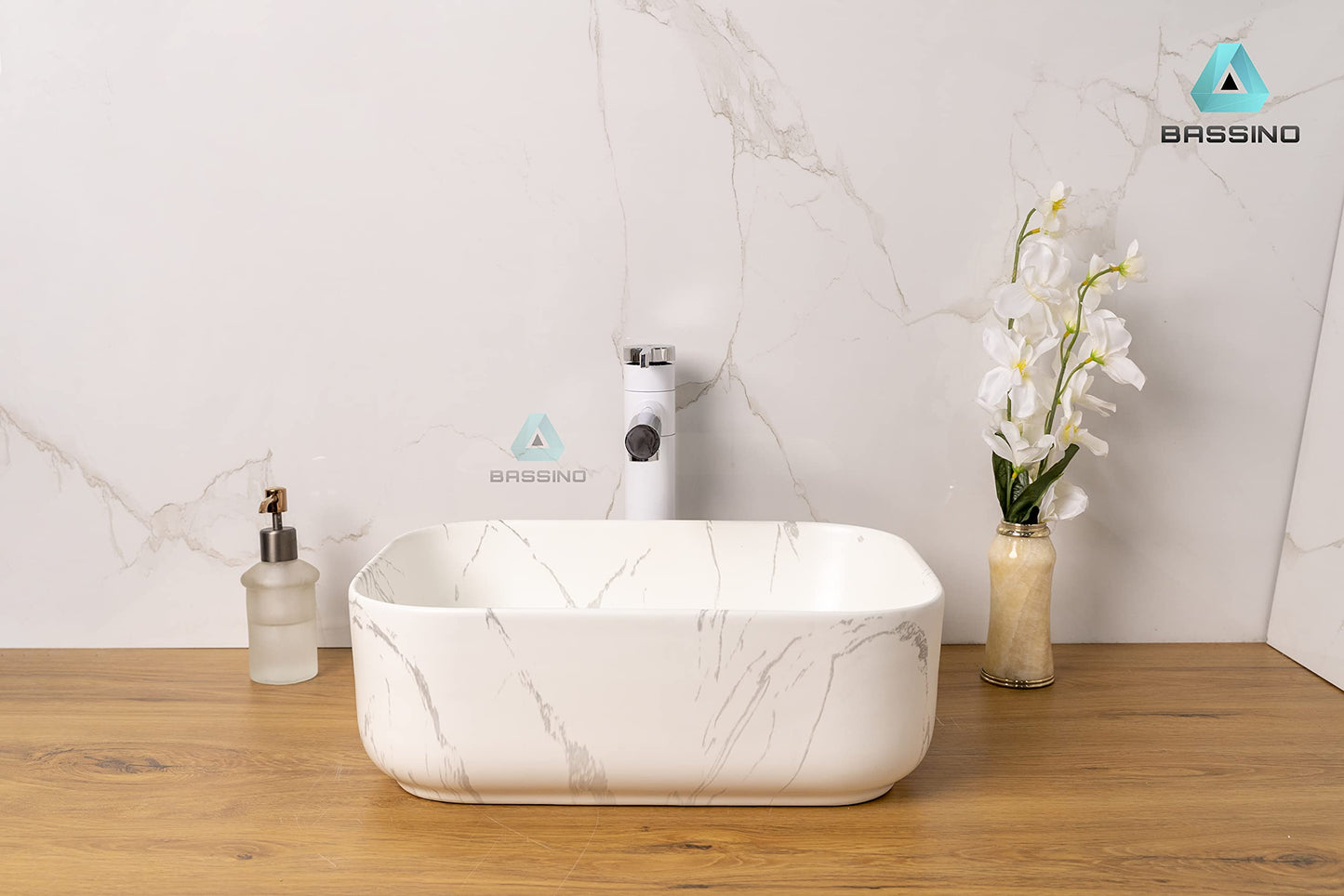 BASSINO Design Wash Basin Ceramic Tabletop Marble Bathroom Sink/Countertop Vessel Sink for Bathroom & Living Room - 400 x 300 x 140 mm (ZX_015)