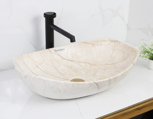 BASSINO Art Wash Basin Countertop, Tabletop Ceramic Bathroom Sink/Basin (IVORY MATT) (550 x 400 x 155 MM) - BTT-1443