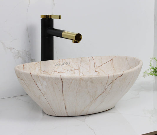 BASSINO Design Wash Basin Ceramic Tabletop Marble Bathroom Sink/Countertop Vessel Sink for Bathroom & Living Room - 410 x 340 x 145 mm (Ivory)