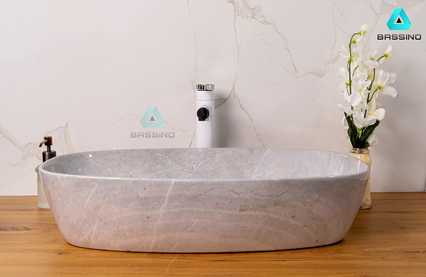 BASSINO Art Wash Basin Countertop, Tabletop Ceramic Bathroom Sink/Basin (600x380x140mm) (Grey Marble)