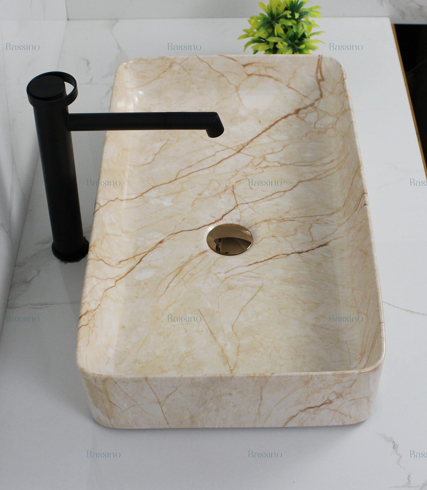 BASSINO Art Wash Basin Countertop, Tabletop Ceramic Bathroom Sink/Basin (600x350x110mm) (IVORY MARBLE)