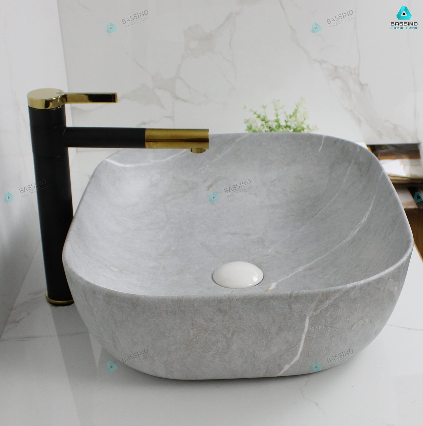 BASSINO Design Wash Basin Ceramic Tabletop Marble Bathroom Sink/Countertop Vessel Sink for Bathroom & Living Room - 500 x 395 x 145 mm (Grey)