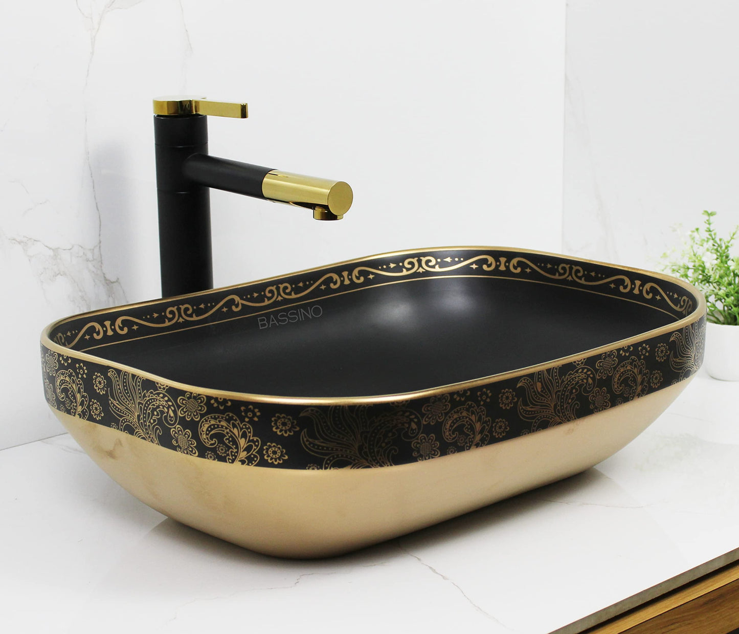 BASSINO Art Wash Basin Countertop, Tabletop Ceramic Bathroom Sink/Basin (Black & Rose Gold) (505x360x140mm) (BTT-1378)