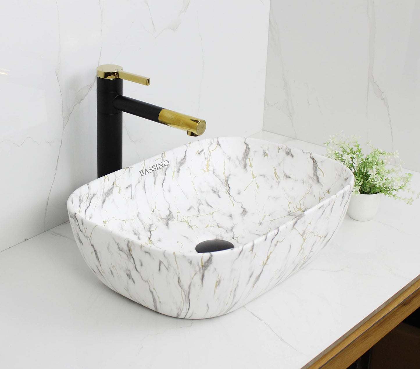 BASSINO Design Wash Basin Ceramic Tabletop Marble Bathroom Sink/Countertop Vessel Sink for Bathroom & Living Room - 455 x 325 x 145 mm (White Matt)