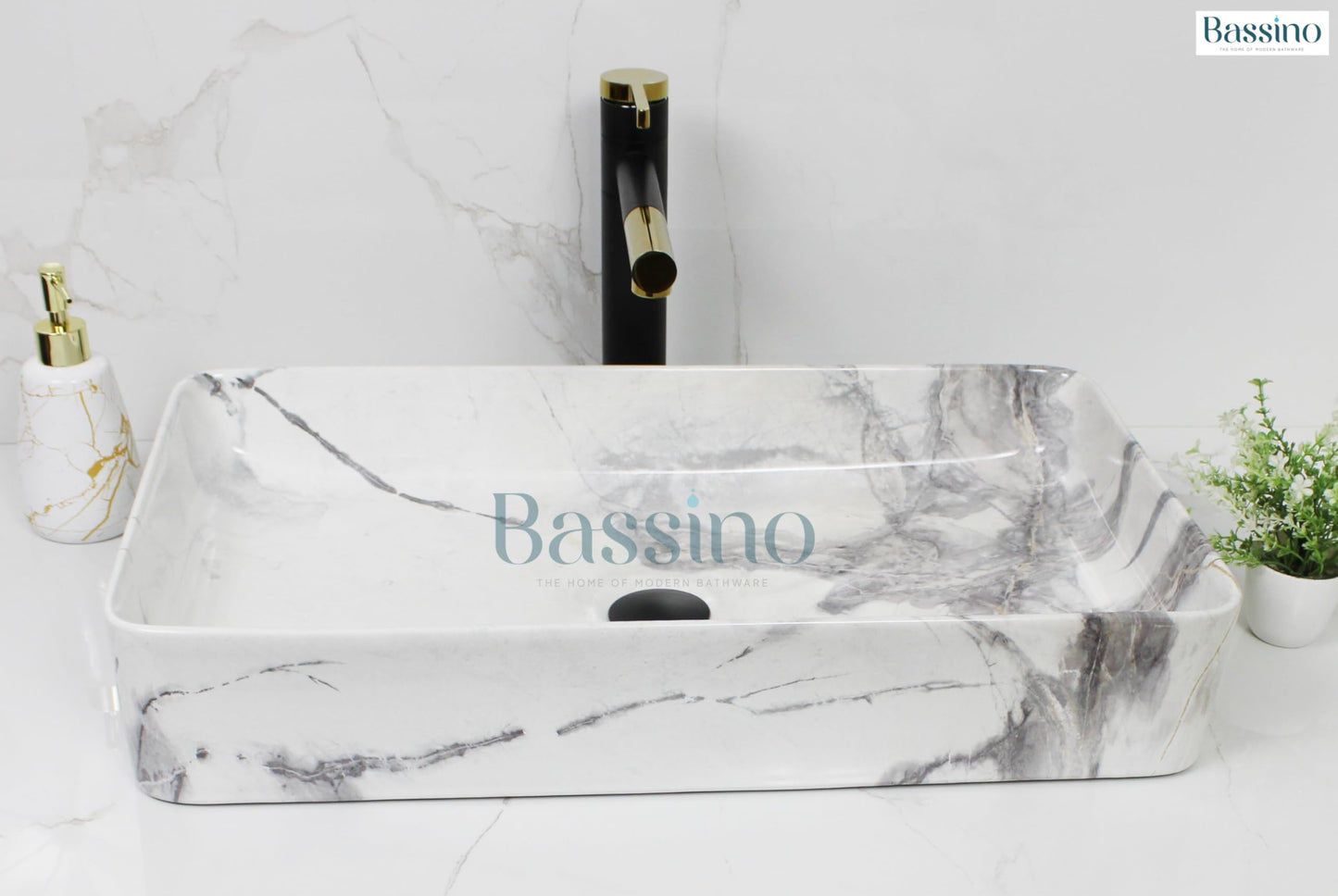 BASSINO Art Wash Basin Counter top, Tabletop Ceramic Bathroom Sink/Basin (Satvario Marble) (600 x 350 x 110 mm) (Satvario Marble)