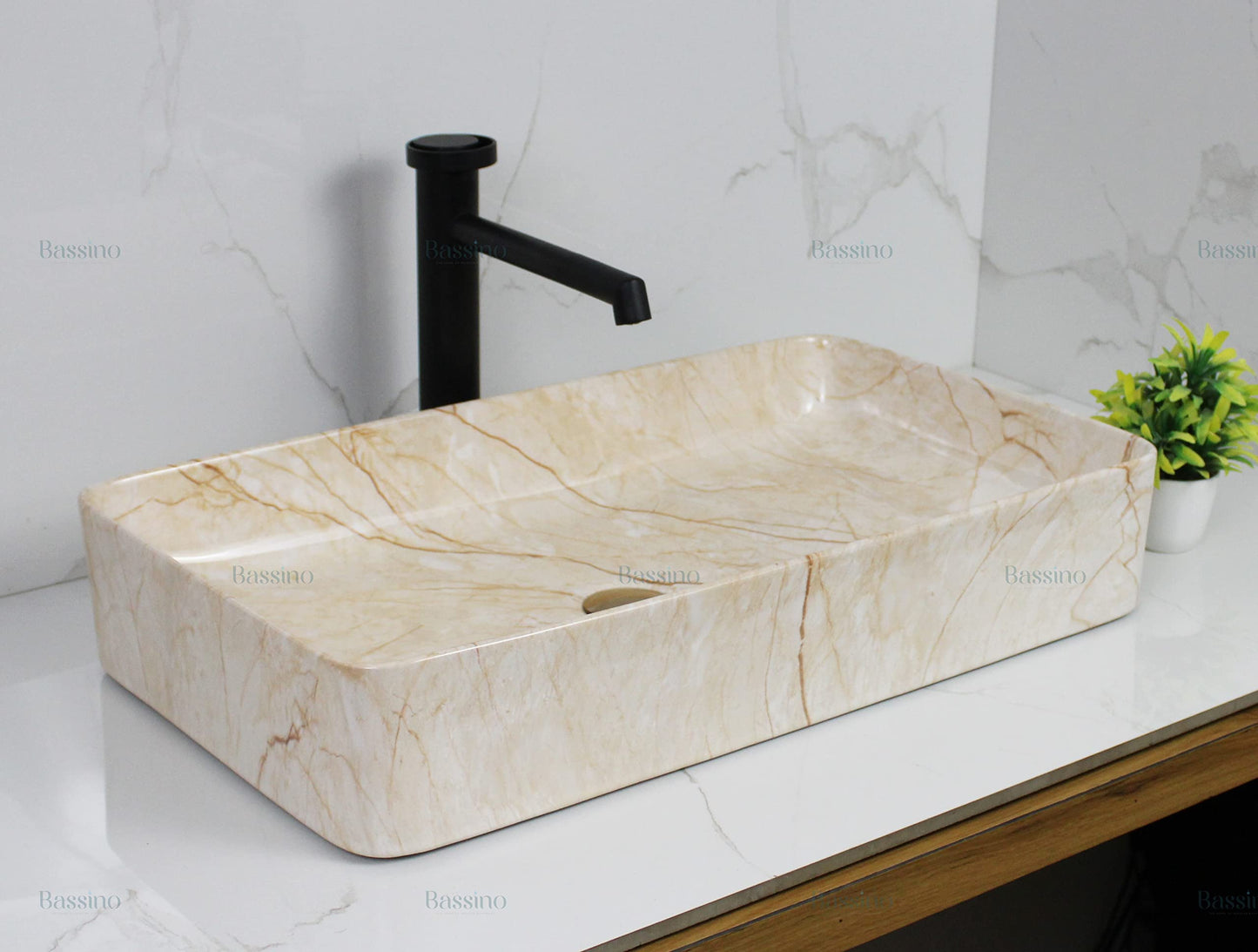 BASSINO Art Wash Basin Countertop, Tabletop Ceramic Bathroom Sink/Basin (600x350x110mm) (IVORY MARBLE)