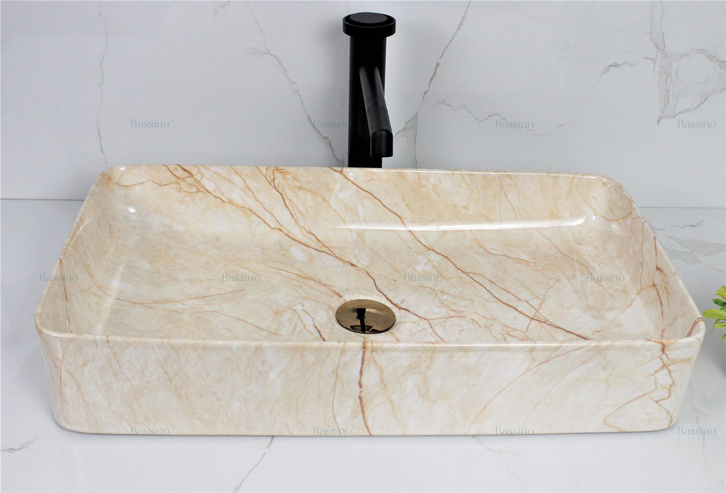 BASSINO Art Wash Basin Countertop, Tabletop Ceramic Bathroom Sink/Basin (600x350x110mm) (IVORY MARBLE)