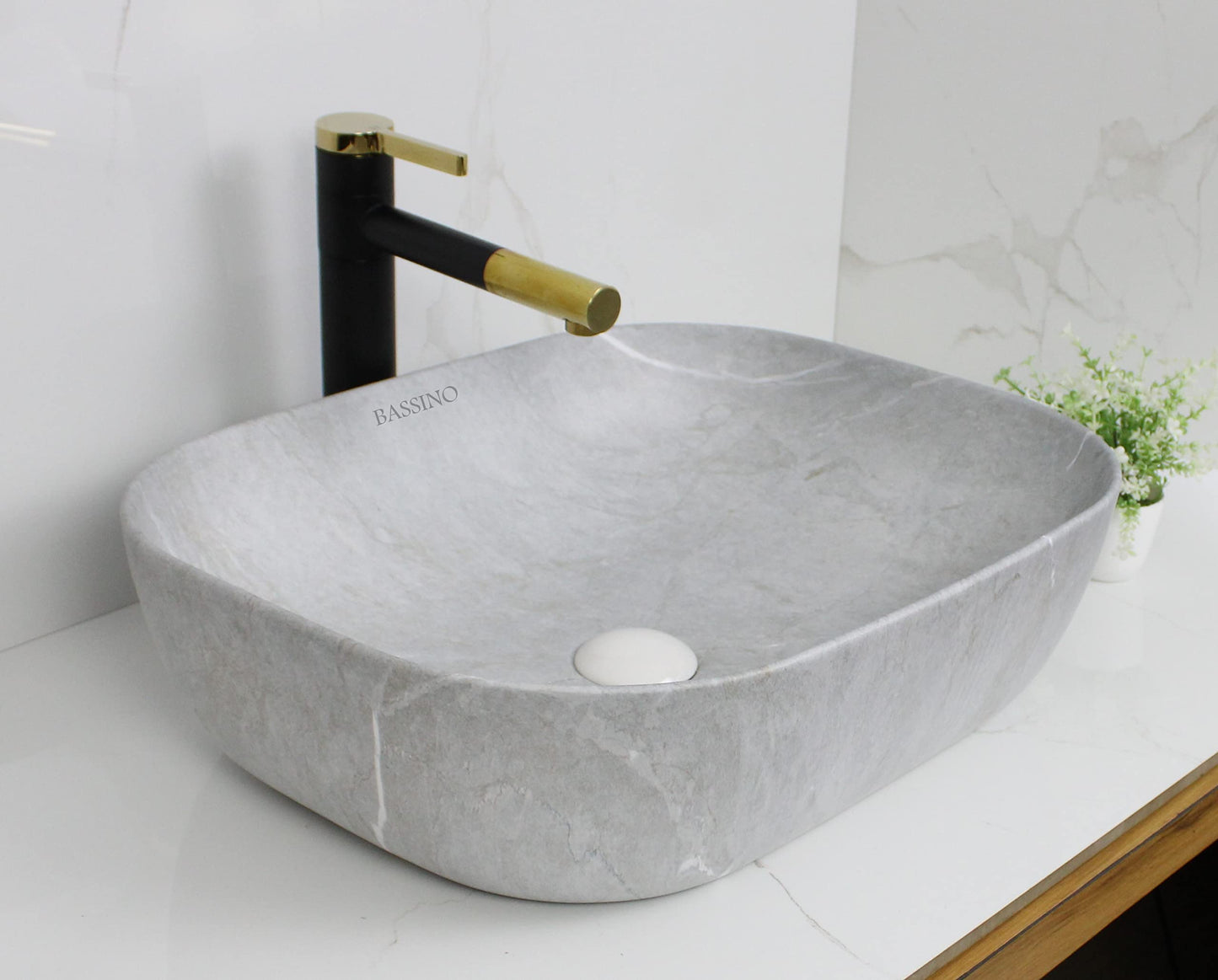 BASSINO Design Wash Basin Ceramic Tabletop Marble Bathroom Sink/Countertop Vessel Sink for Bathroom & Living Room - 500 x 395 x 145 mm (Grey)