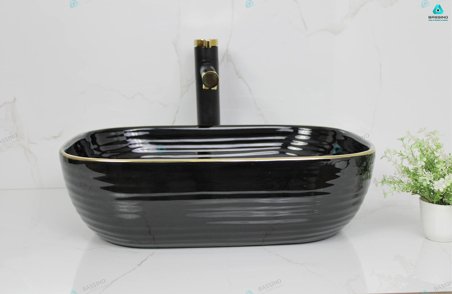 BASSINO Art Wash Basin Countertop, Tabletop Ceramic Bathroom Sink/Basin (455 x 325 x 145mm) (BLACK)