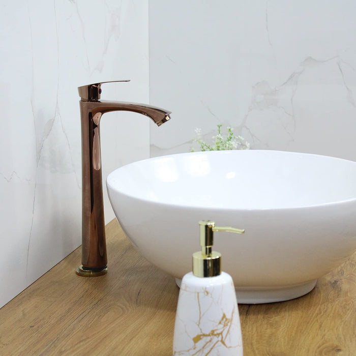 BASSINO Brass Counter top Basin Faucets/Stylish Extended Tall Body Pillar Cock Tap/Coated with Rose Gold - 12 inch