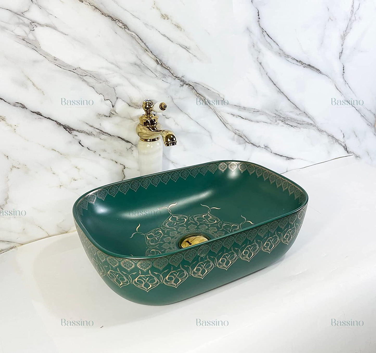 BASSINO Art Wash Basin Countertop, Tabletop Ceramic Bathroom Sink/Basin(MOROCCAN MATT GREEN WITH GOLD DESIGN)(465X320X135 MM)