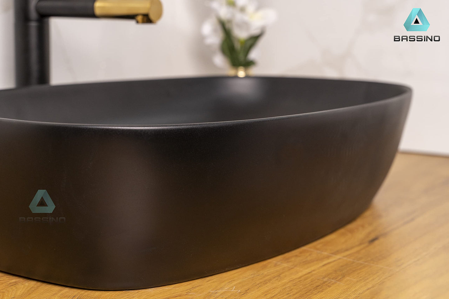 BASSINO Art Wash Basin Countertop, Tabletop Ceramic Bathroom Sink/Basin (600x380x140mm) (Black Matt)