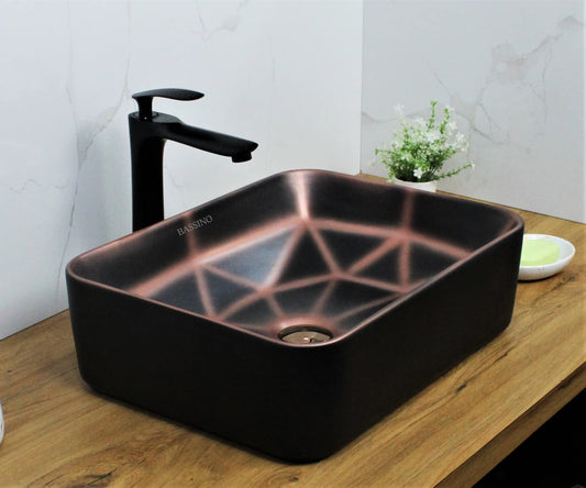 BASSINO Art Wash Basin Countertop, Tabletop Ceramic finish Bathroom Sink/Basin (COPPER MATT) (465X350X140MM)