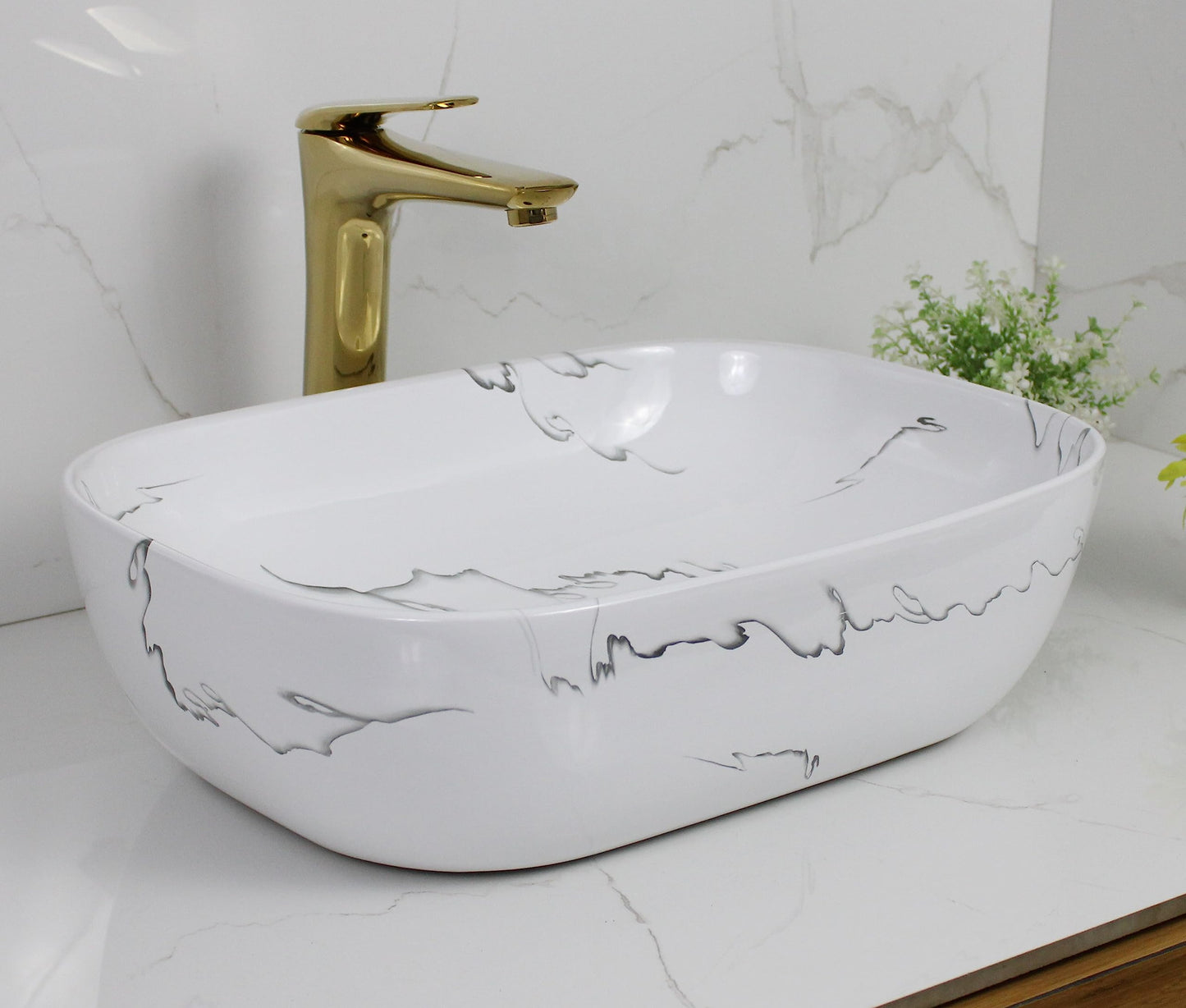 BASSINO Art Wash Basin Countertop, Tabletop Ceramic Bathroom Sink/Basin (455x325x145mm) (Marble13)