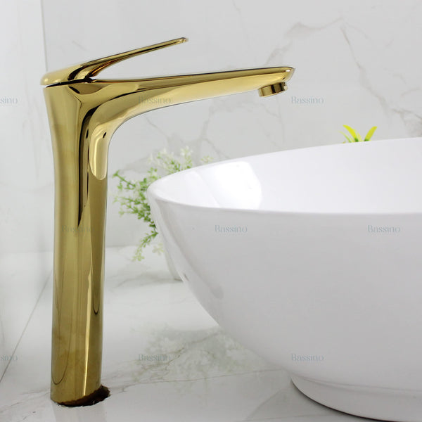 BASSINO Stylish Bathroom Faucet with Single Lever - Waterfall Bathroom Basin Faucet of Brass - Hot and Cold Water Mixer Antique Tap for Bathroom (Gold) BTT-2090