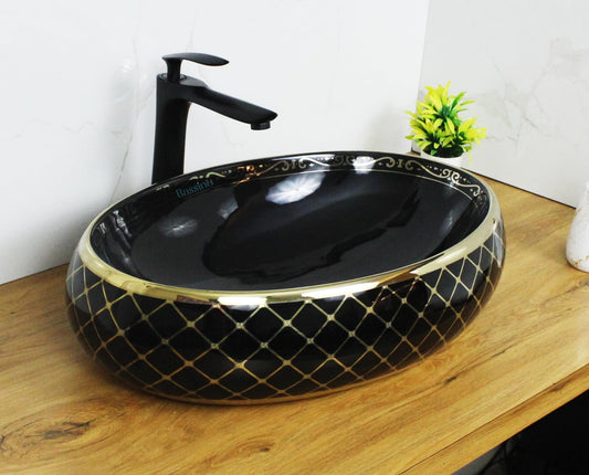 Bassino Ceramic Wash Basin Table Top Counter for Bathroom, Kitchen, Dining Hall, Living Room-Black Gold-BTT-1216