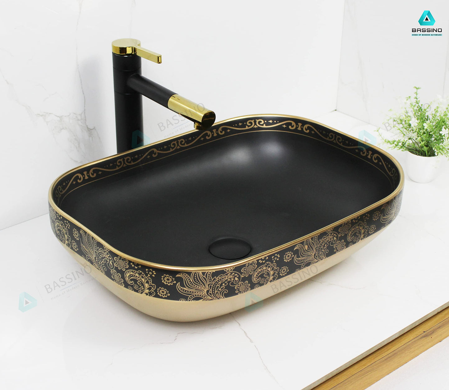 BASSINO Art Wash Basin Countertop, Tabletop Ceramic Bathroom Sink/Basin (Black & Rose Gold) (505x360x140mm) (BTT-1378)