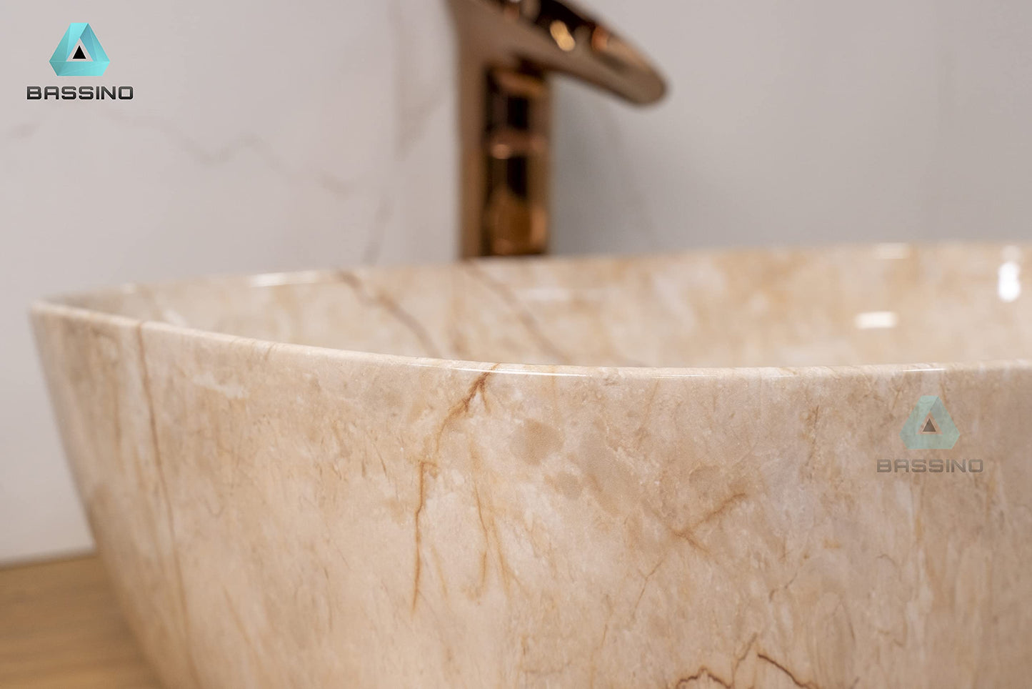 BASSINO Art Wash Basin Countertop, Tabletop Ceramic Bathroom Sink (600x380x140mm, Ivory Marble)