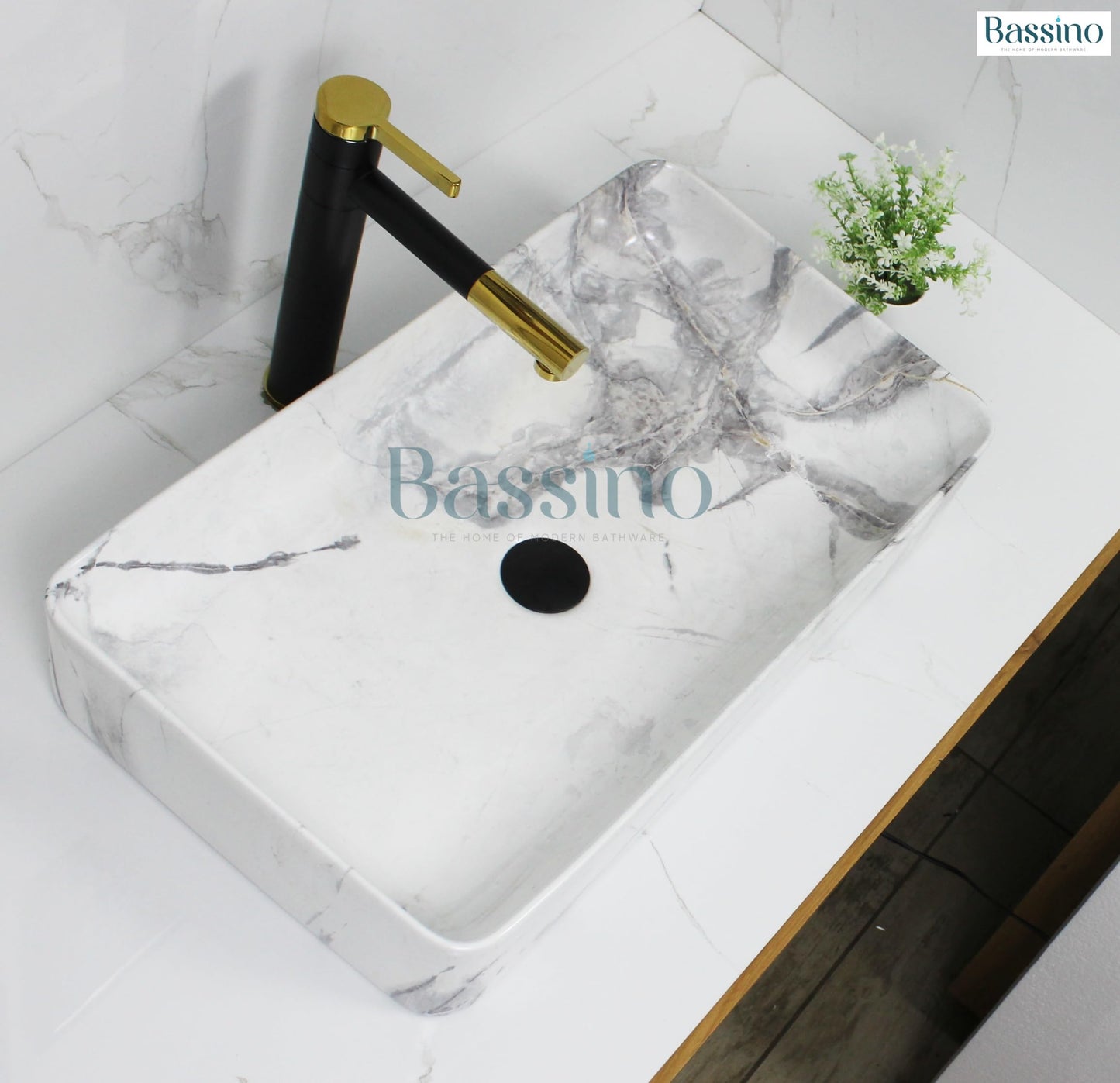 BASSINO Art Wash Basin Counter top, Tabletop Ceramic Bathroom Sink/Basin (Satvario Marble) (600 x 350 x 110 mm) (Satvario Marble)