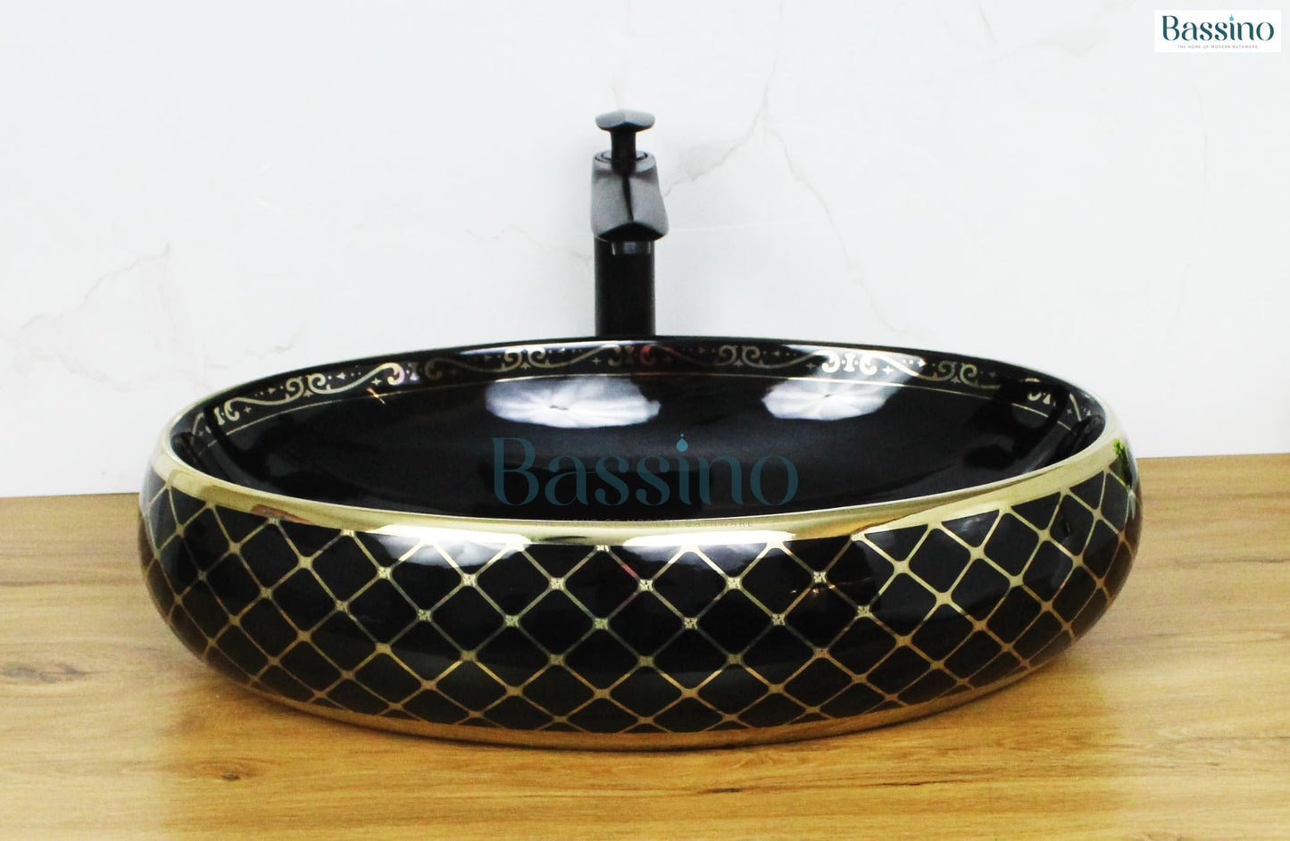 Bassino Ceramic Wash Basin Table Top Counter for Bathroom, Kitchen, Dining Hall, Living Room-Black Gold-BTT-1216