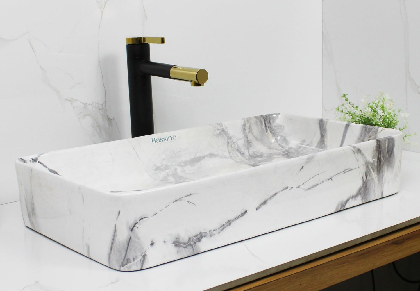 BASSINO Art Wash Basin Counter top, Tabletop Ceramic Bathroom Sink/Basin (Satvario Marble) (600 x 350 x 110 mm) (Satvario Marble)