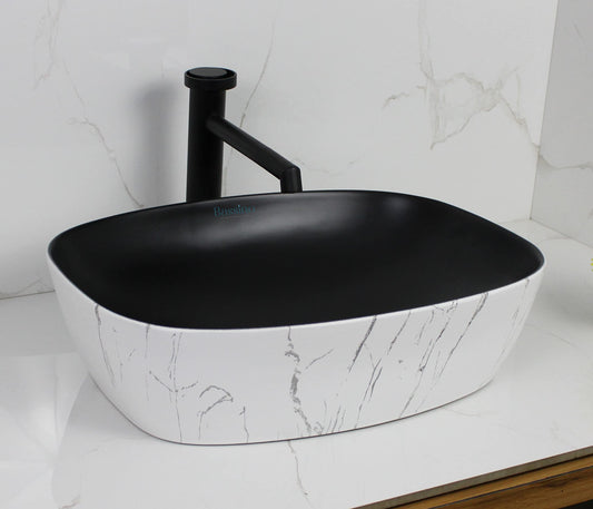 BASSINO Art Wash Basin Countertop, Tabletop Ceramic Bathroom Sink/Basin (BLACK & WHITE MARBLE) (500 x 390 x 140 MM) - BTT-1446