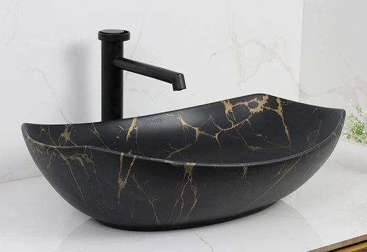 BASSINO Art Wash Basin Countertop, Tabletop Ceramic Bathroom Sink/Basin (BLACK & GOLD MATT) (550 x 400 x 155 MM) - BTT-1445