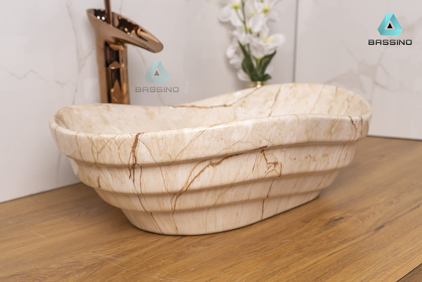 BASSINO Design Wash Basin Ceramic Tabletop Marble Bathroom Sink/Countertop Vessel Sink for Bathroom & Living Room - 455 x 345 x 140 mm (Ivory Marble)