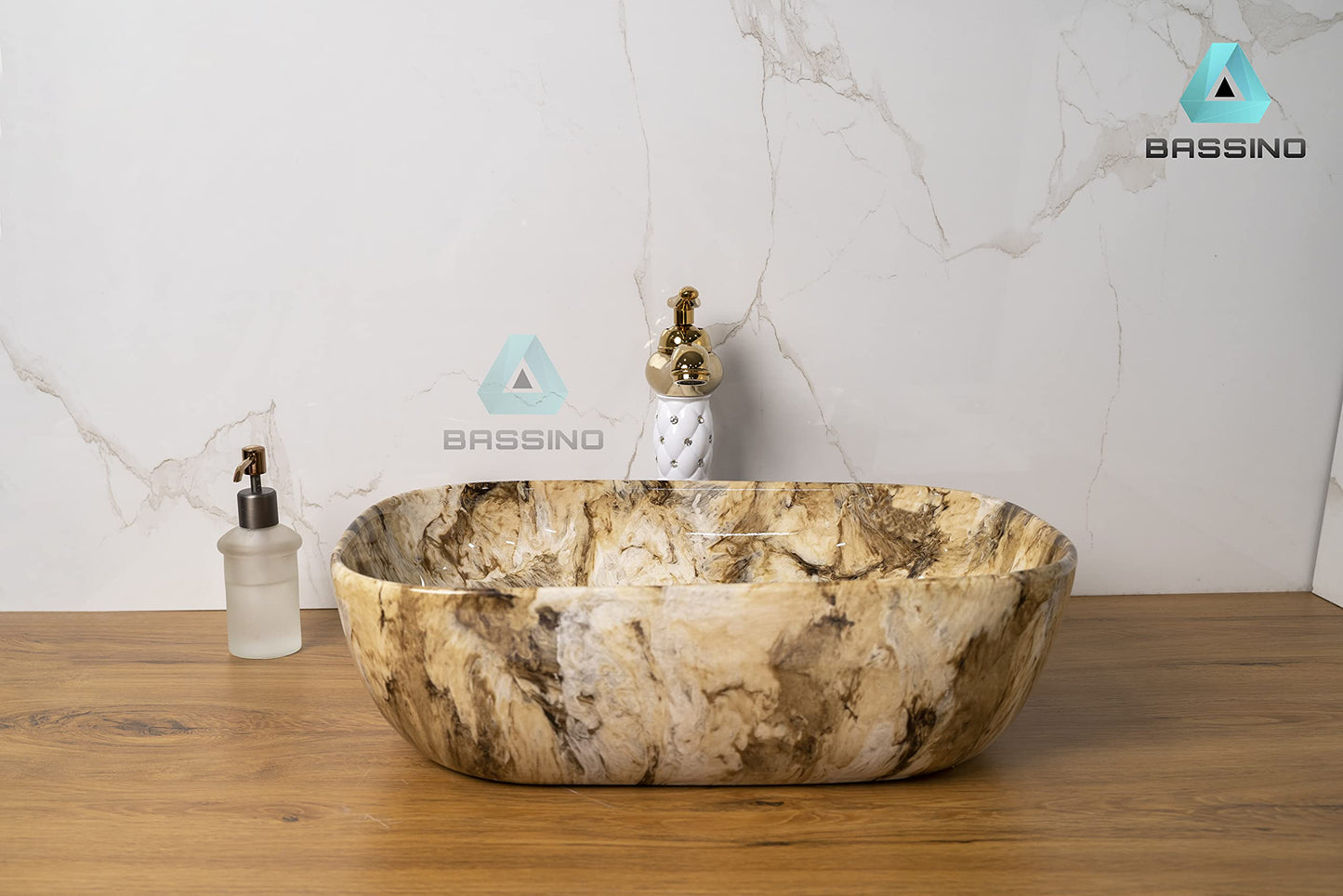 BASSINO Art Wash Basin Countertop, Tabletop Ceramic Bathroom Sink/Basin (455x325x145mm) (Marble18)