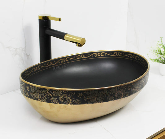 BASSINO Art Wash Basin Countertop, Tabletop Ceramic Bathroom Sink/Basin (Black & Rose Gold) (505x360x140mm) (BTT-1379)