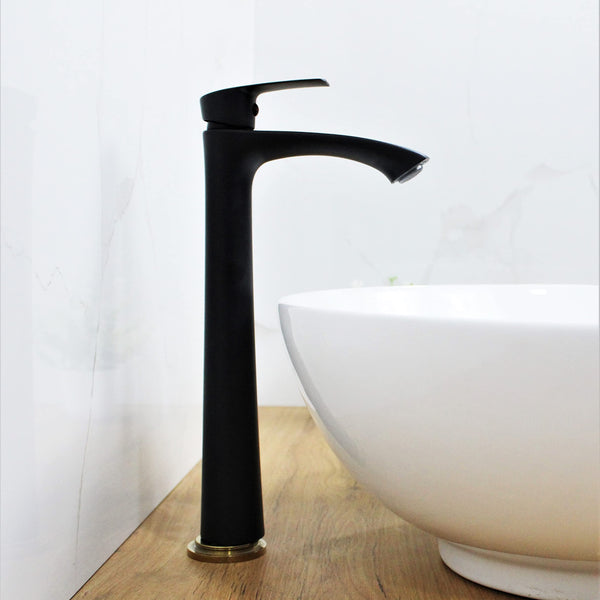 BASSINO Brass Counter top Basin Faucets/Stylish Extended Tall Body Pillar Cock Tap - 12 inch (Black)