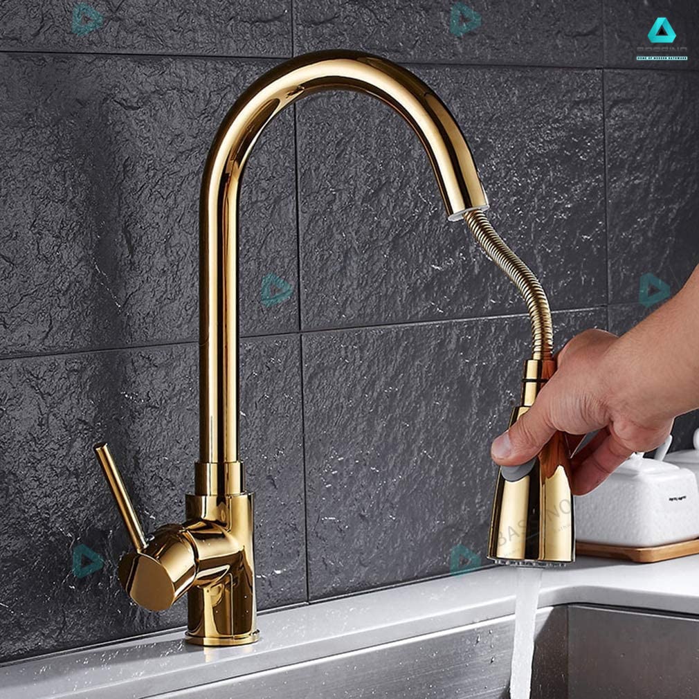 BASSINO Gold Kitchen Faucet with Pull Down Sprayer,Pro-Style Spring Sprayer SS 304 Pull-Down Kitchen Sink Faucet Tap (BTT-2066) (Gold Finish) (BTT-2066)