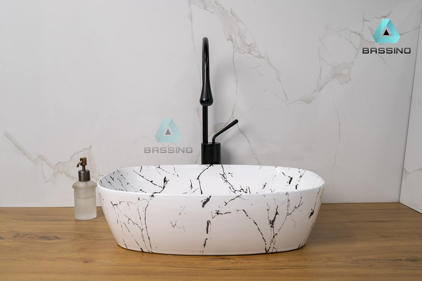 BASSINO Art Wash Basin Countertop, Tabletop Ceramic Bathroom Sink/Basin (WHITE & BLACK MARBLE) (500X390X140MM)