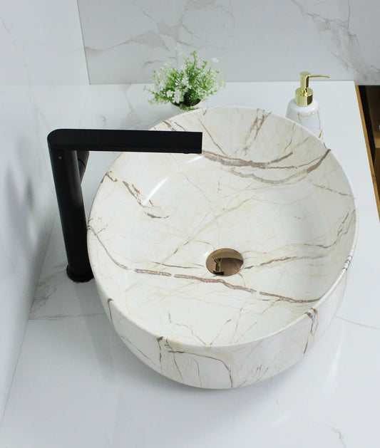 BASSINO Art Wash Basin Countertop, Tabletop Ceramic finish Bathroom Sink/Basin (IVORY MARBLE) (550X415X140MM) - IVORY