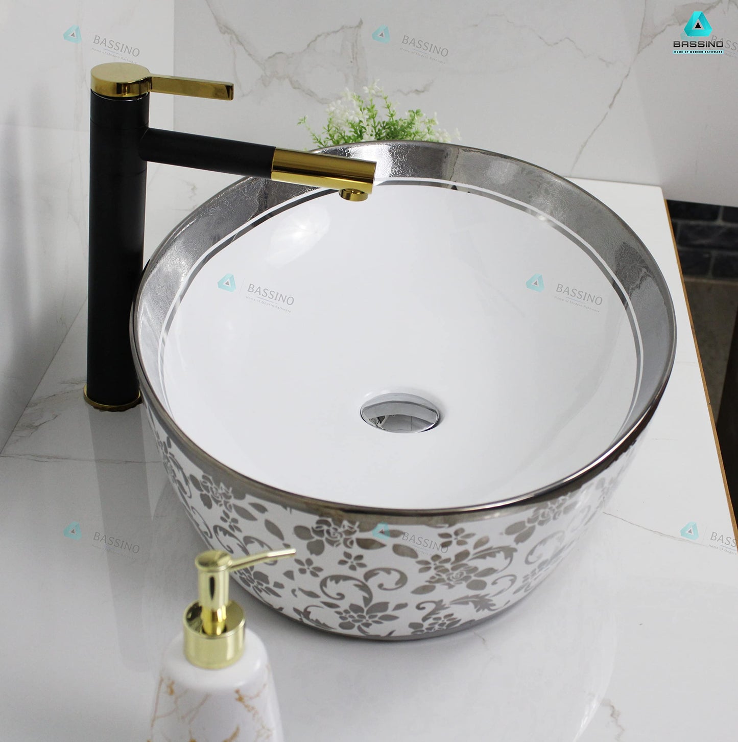 BASSINO Design Wash Basin Ceramic Tabletop Marble Bathroom Sink/Countertop Vessel Sink for Bathroom & Living Room - 620 x 410 x 140 mm (WHITE SILVER)