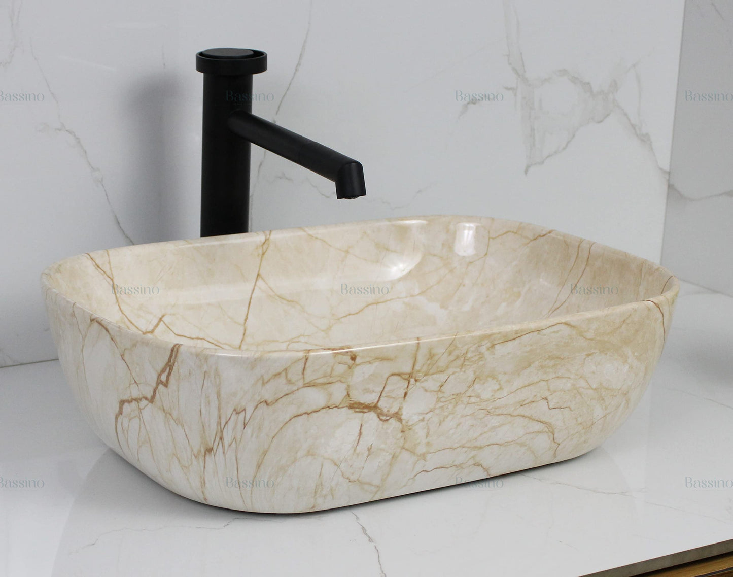 BASSINO Design Wash Basin Ceramic Tabletop Marble Bathroom Sink/Countertop Vessel Sink for Bathroom & Living Room - 455 x 325 x 135 mm (Ivory Marble)