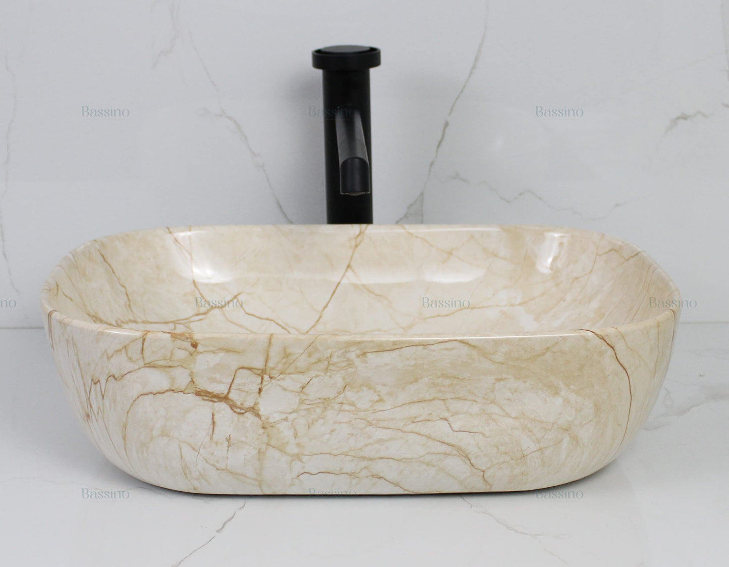 BASSINO Design Wash Basin Ceramic Tabletop Marble Bathroom Sink/Countertop Vessel Sink for Bathroom & Living Room - 455 x 325 x 135 mm (Ivory Marble)