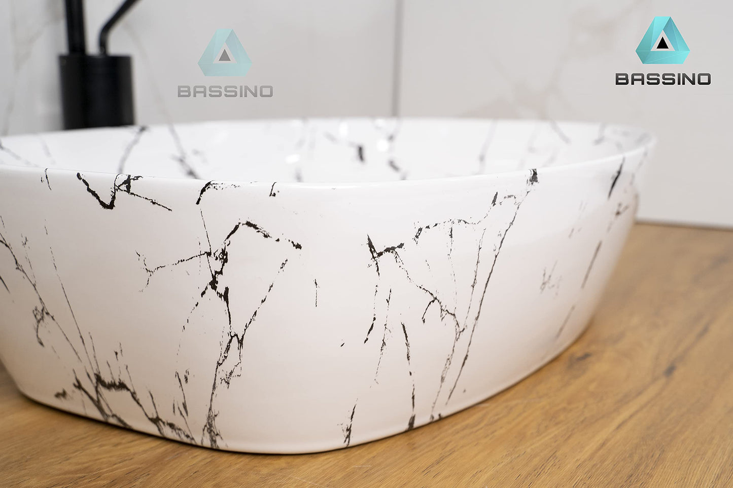 BASSINO Art Wash Basin Countertop, Tabletop Ceramic Bathroom Sink/Basin (WHITE & BLACK MARBLE) (500X390X140MM)