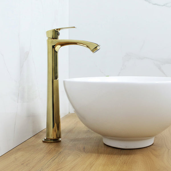 BASSINO Brass Stylish Bathroom Counter top Basin faucets/Pillar Cock tap (12 inch) (Gold)