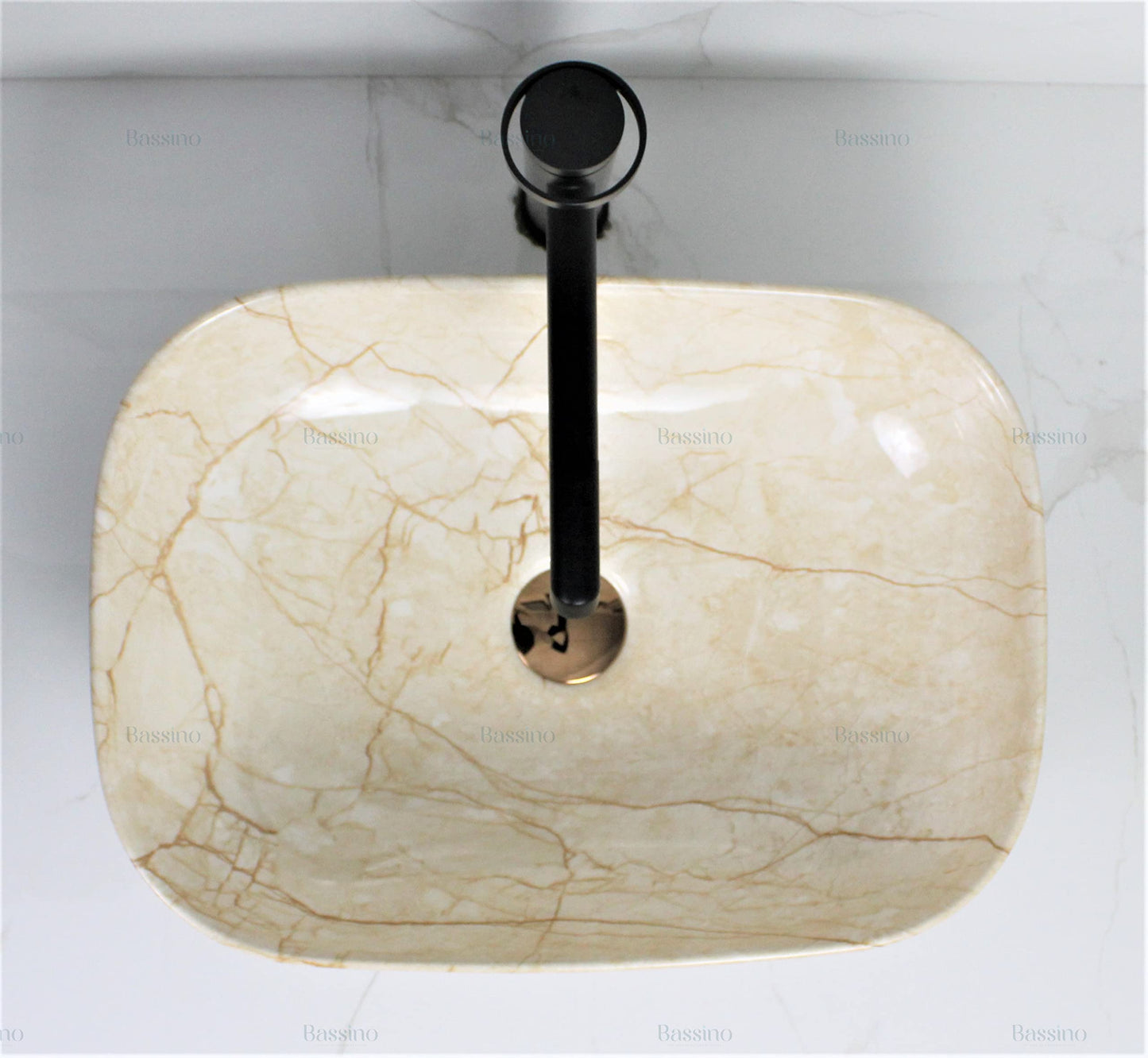 BASSINO Design Wash Basin Ceramic Tabletop Marble Bathroom Sink/Countertop Vessel Sink for Bathroom & Living Room - 455 x 325 x 135 mm (Ivory Marble)