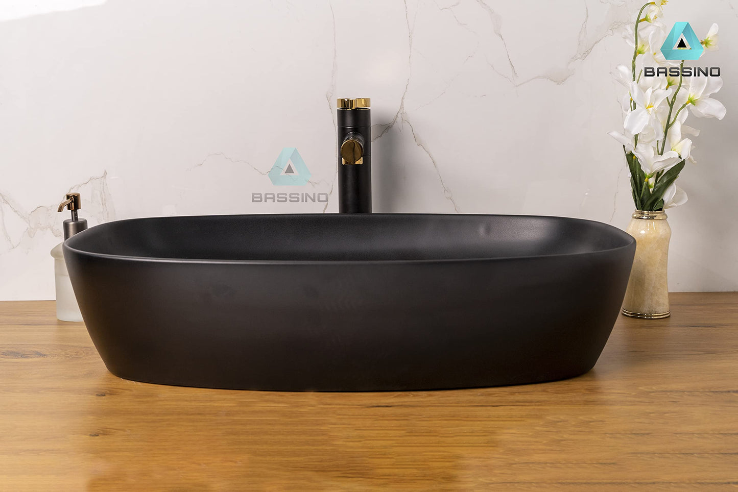 BASSINO Art Wash Basin Countertop, Tabletop Ceramic Bathroom Sink/Basin (600x380x140mm) (Black Matt)