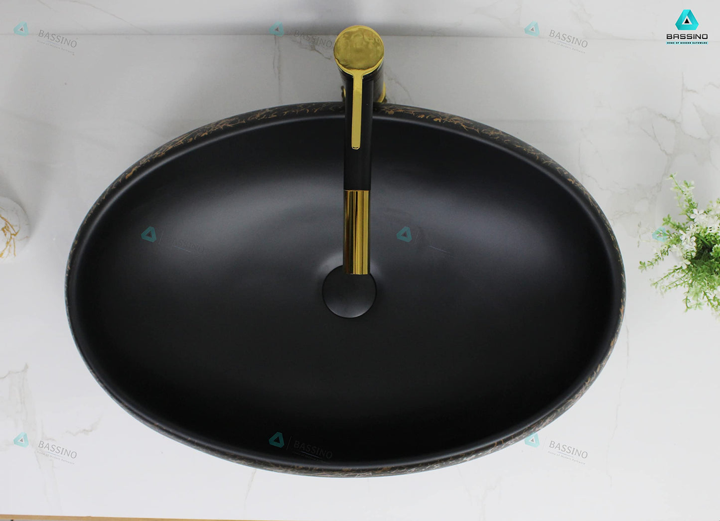 BASSINO Design Wash Basin Ceramic Tabletop Marble Bathroom Sink/Countertop Vessel Sink for Bathroom & Living Room - 600 x 400 x 150 mm (Black Gold Matt)