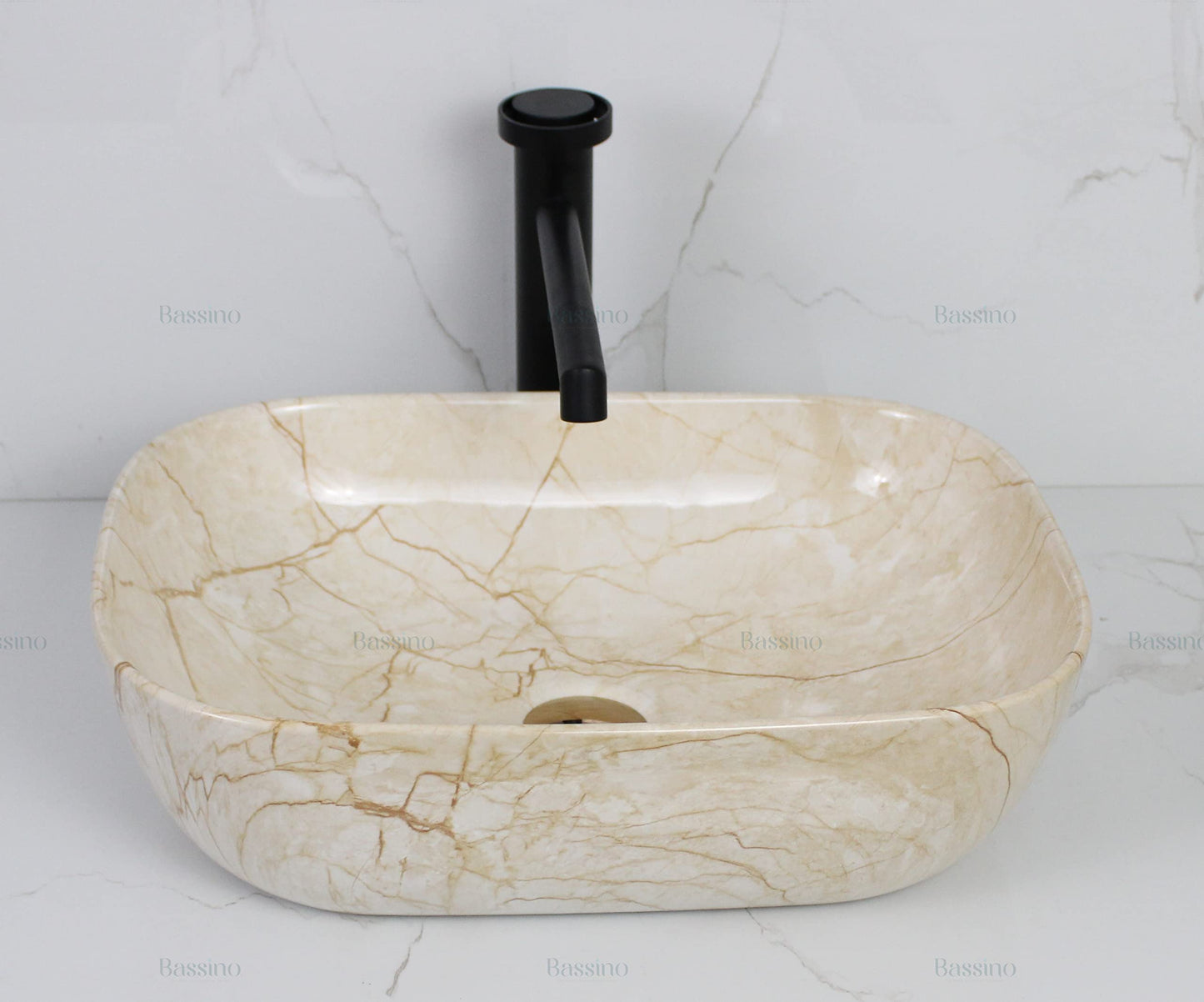 BASSINO Design Wash Basin Ceramic Tabletop Marble Bathroom Sink/Countertop Vessel Sink for Bathroom & Living Room - 455 x 325 x 135 mm (Ivory Marble)